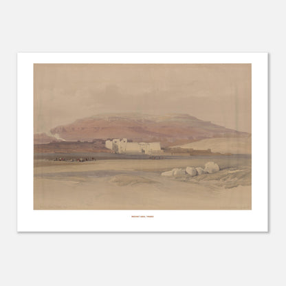 Vue du temple de Médinet Habou à Thèbes - David Roberts (50x70 cm). Lithographie ancienne montrant une vue d'ensemble du temple de Médinet Habou à Thèbes, avec des figures humaines et des animaux dans le paysage désertique.