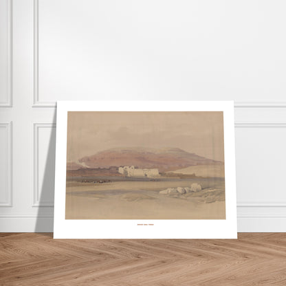 Vue du temple de Médinet Habou à Thèbes - David Roberts. Lithographie ancienne montrant une vue d'ensemble du temple de Médinet Habou à Thèbes, avec des figures humaines et des animaux dans le paysage désertique. Image d'illustration 6