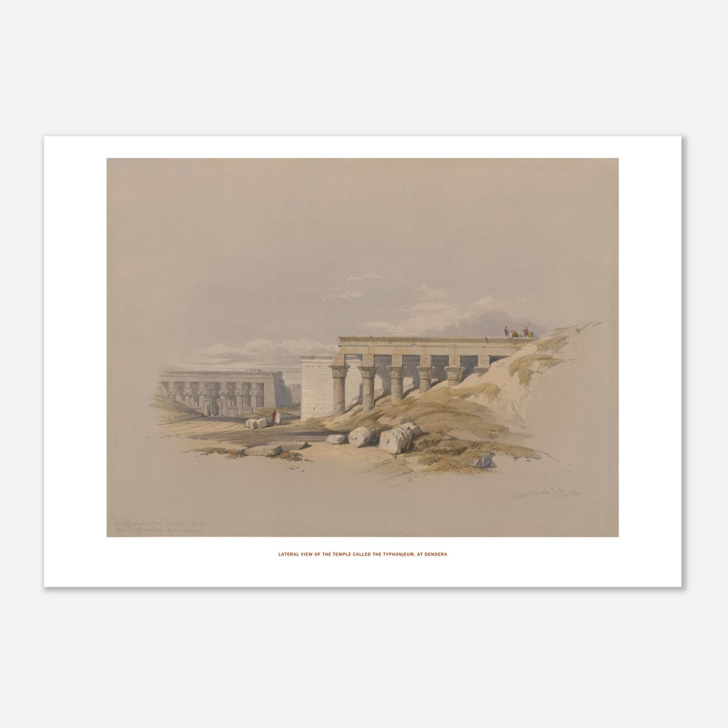 Temple le Typhonium, à Dendérah - Lithographie David Roberts (21x29,7 cm (A4)). Lithographie ancienne représentant une vue latérale du temple le Typhonium, à Dendérah, avec des colonnes et des personnages.