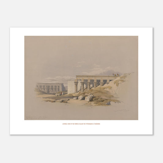 Temple le Typhonium, à Dendérah - Lithographie David Roberts (30x40 cm). Lithographie ancienne représentant une vue latérale du temple le Typhonium, à Dendérah, avec des colonnes et des personnages.