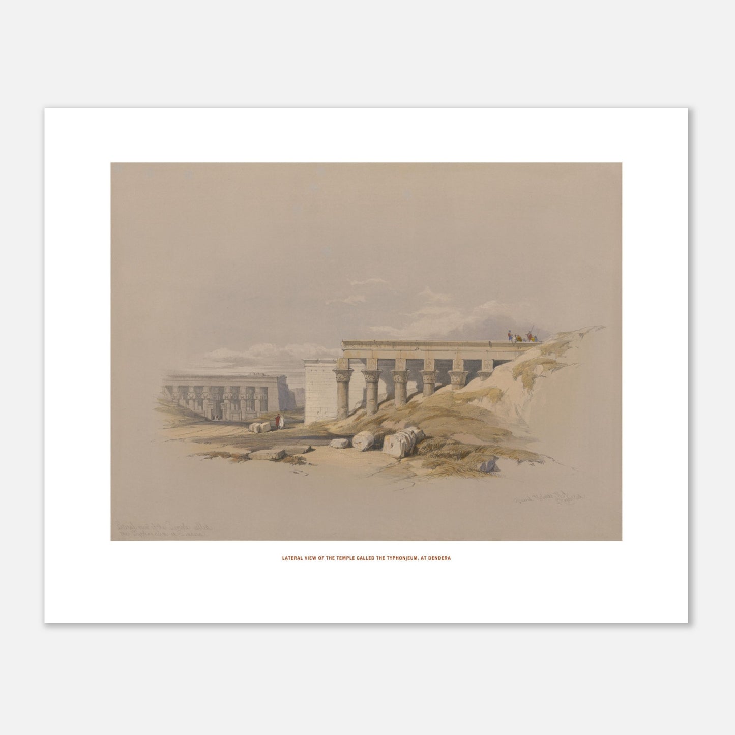 Temple le Typhonium, à Dendérah - Lithographie David Roberts (40x50 cm). Lithographie ancienne représentant une vue latérale du temple le Typhonium, à Dendérah, avec des colonnes et des personnages.