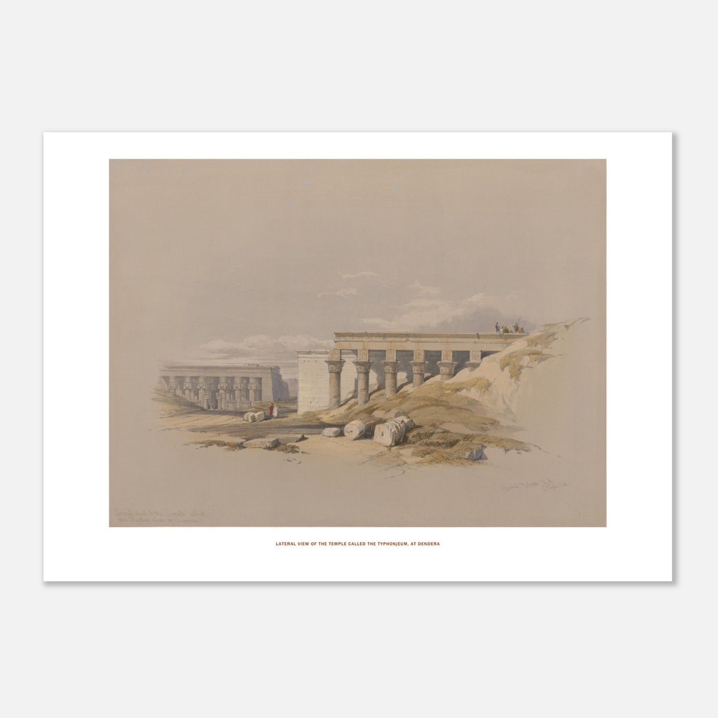 Temple le Typhonium, à Dendérah - Lithographie David Roberts (50x70 cm). Lithographie ancienne représentant une vue latérale du temple le Typhonium, à Dendérah, avec des colonnes et des personnages.