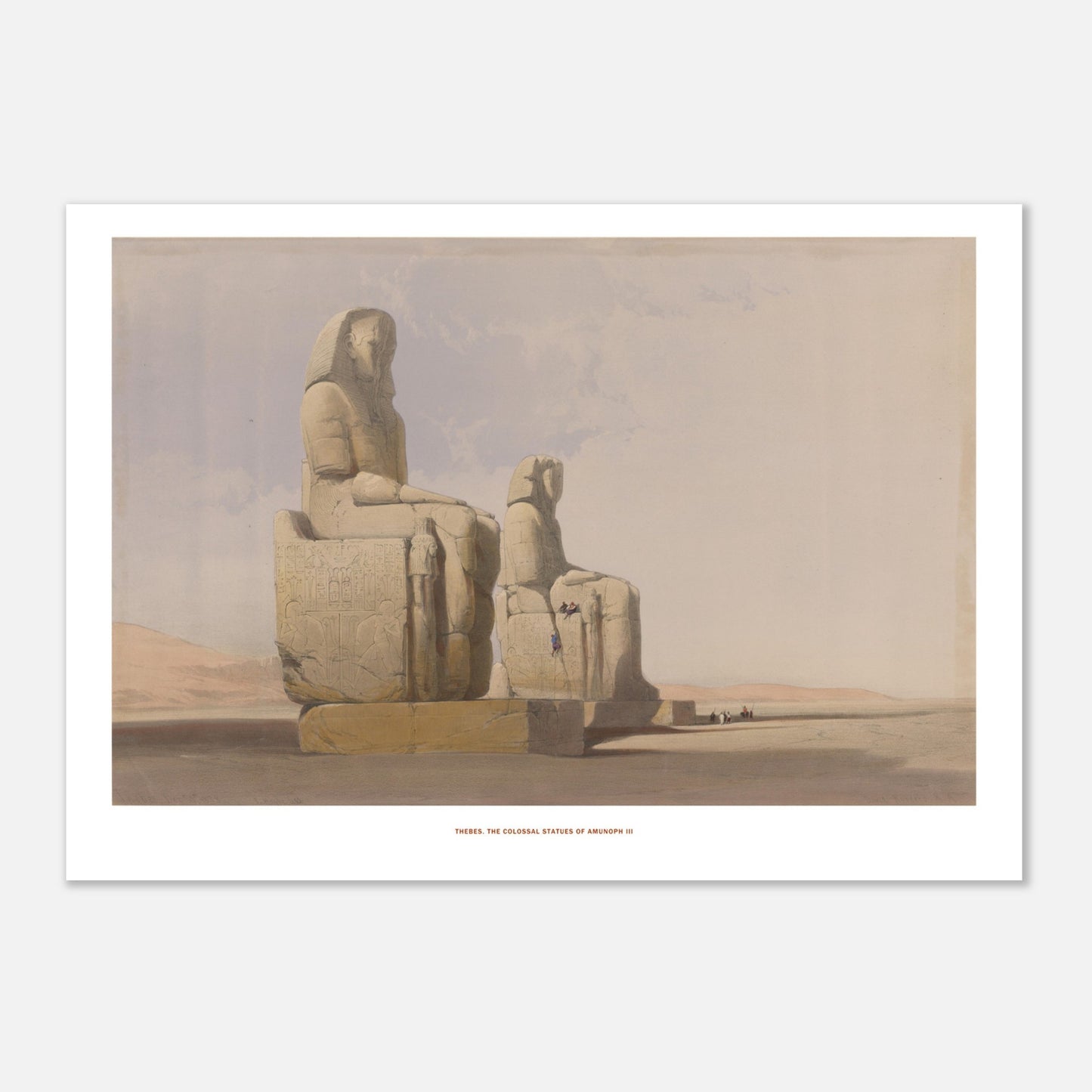 Illustration ancienne du temple de Wadi Kardassy en Nubie par David Roberts (21x29,7 cm (A4)). Lithographie de David Roberts représentant le temple de Wadi Kardassy en Nubie, un site archéologique entouré de dunes de sable sous un ciel nuageux.