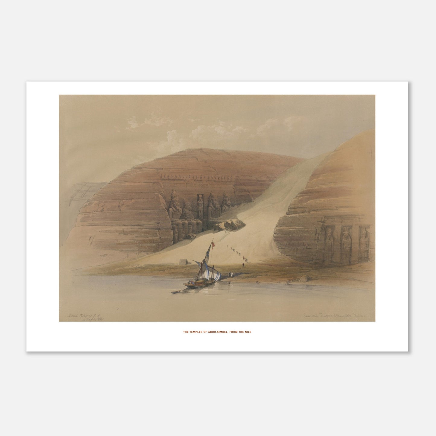 Planche ancienne : Temples d'Abou-Simbel depuis le Nil, David Roberts (21x29,7 cm (A4)). Lithographie ancienne montrant les temples d'Abou-Simbel sur les rives du Nil, avec une barque et des personnages en silhouette.