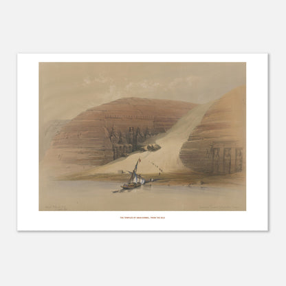 Planche ancienne : Temples d'Abou-Simbel depuis le Nil, David Roberts (21x29,7 cm (A4)). Lithographie ancienne montrant les temples d'Abou-Simbel sur les rives du Nil, avec une barque et des personnages en silhouette.