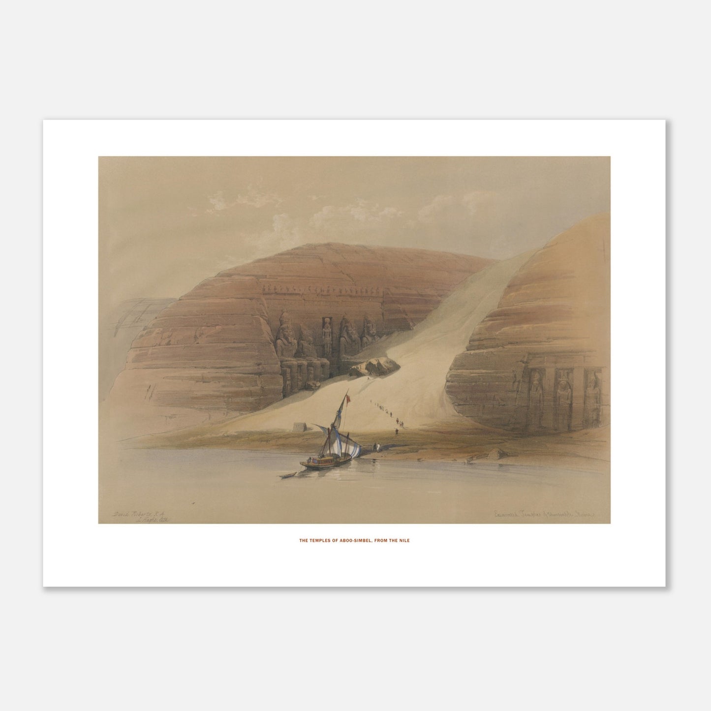 Planche ancienne : Temples d'Abou-Simbel depuis le Nil, David Roberts (30x40 cm). Lithographie ancienne montrant les temples d'Abou-Simbel sur les rives du Nil, avec une barque et des personnages en silhouette.