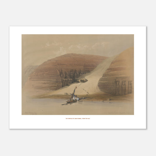 Planche ancienne : Temples d'Abou-Simbel depuis le Nil, David Roberts (30x40 cm). Lithographie ancienne montrant les temples d'Abou-Simbel sur les rives du Nil, avec une barque et des personnages en silhouette.