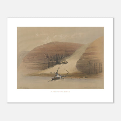 Planche ancienne : Temples d'Abou-Simbel depuis le Nil, David Roberts (40x50 cm). Lithographie ancienne montrant les temples d'Abou-Simbel sur les rives du Nil, avec une barque et des personnages en silhouette.