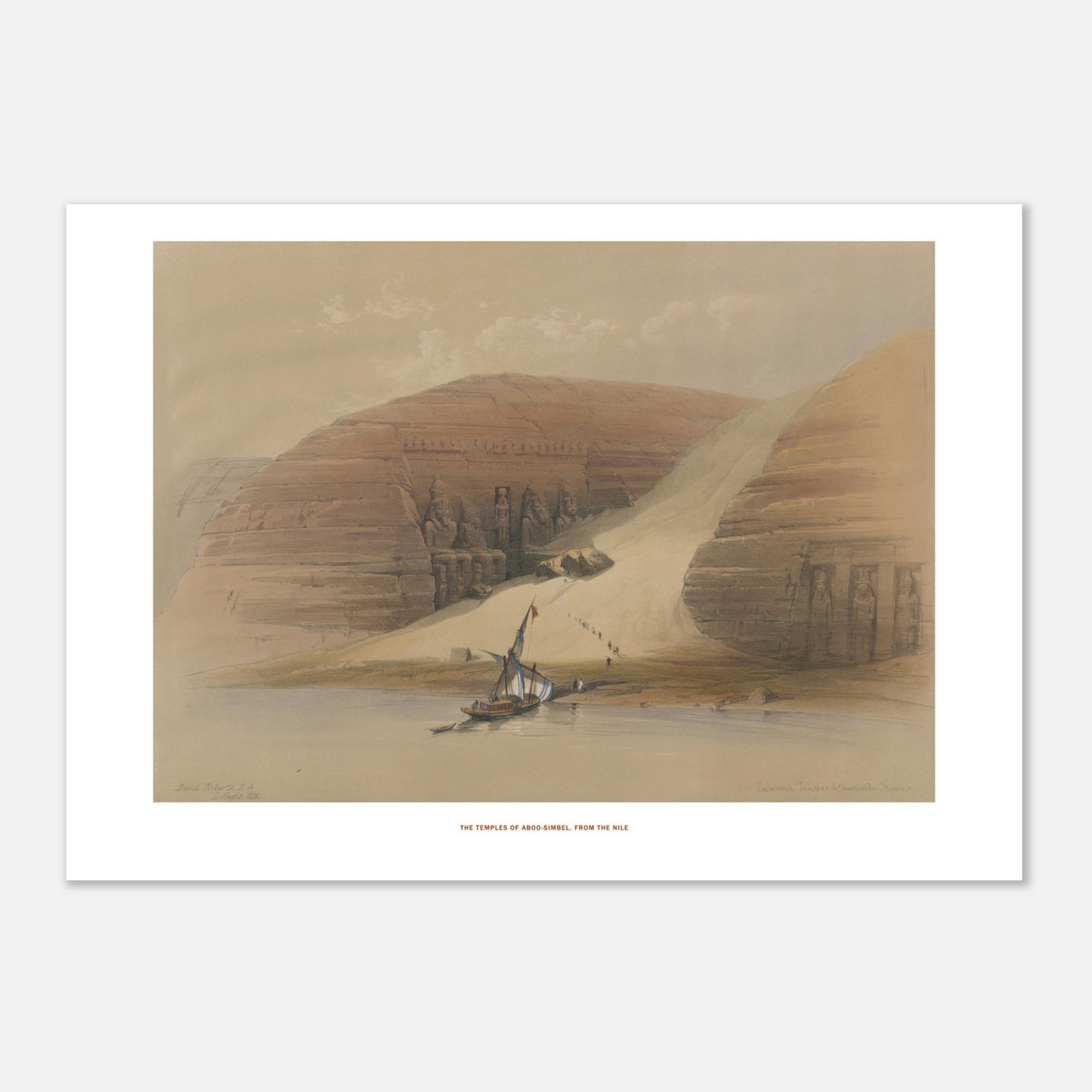 Planche ancienne : Temples d'Abou-Simbel depuis le Nil, David Roberts (42x59,4 cm (A2)). Lithographie ancienne montrant les temples d'Abou-Simbel sur les rives du Nil, avec une barque et des personnages en silhouette.