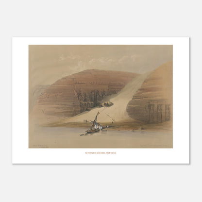 Planche ancienne : Temples d'Abou-Simbel depuis le Nil, David Roberts (50x70 cm). Lithographie ancienne montrant les temples d'Abou-Simbel sur les rives du Nil, avec une barque et des personnages en silhouette.