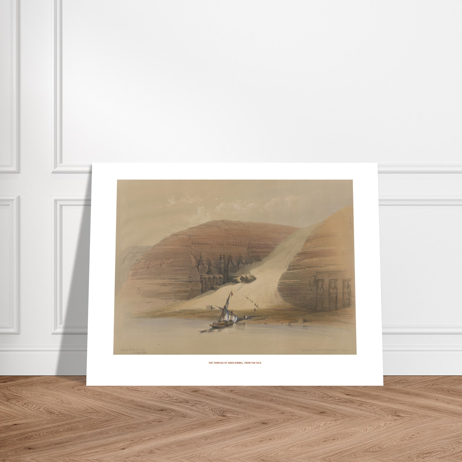 Planche ancienne : Temples d'Abou-Simbel depuis le Nil, David Roberts. Lithographie ancienne montrant les temples d'Abou-Simbel sur les rives du Nil, avec une barque et des personnages en silhouette. Image d'illustration 7
