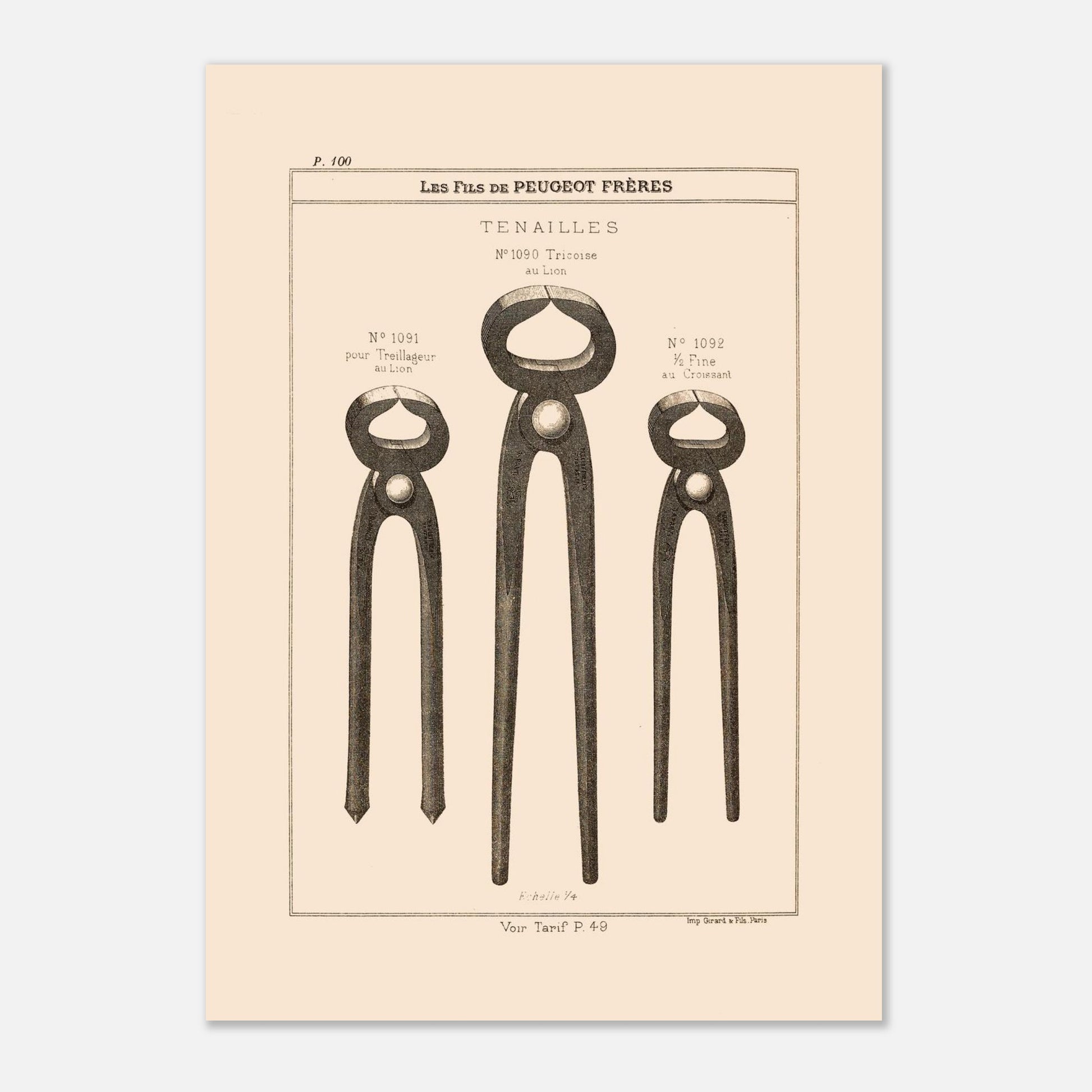 Tenailles - gravure d'outils robustes extraite du catalogue Peugeot Frères (21x29,7 cm (A4)). Gravure représentant trois modèles de tenailles de tailles et de conceptions différentes : une tricoise, une pour treillage, et une fine.