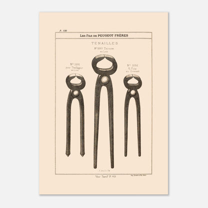 Tenailles - gravure d'outils robustes extraite du catalogue Peugeot Frères (21x29,7 cm (A4)). Gravure représentant trois modèles de tenailles de tailles et de conceptions différentes : une tricoise, une pour treillage, et une fine.