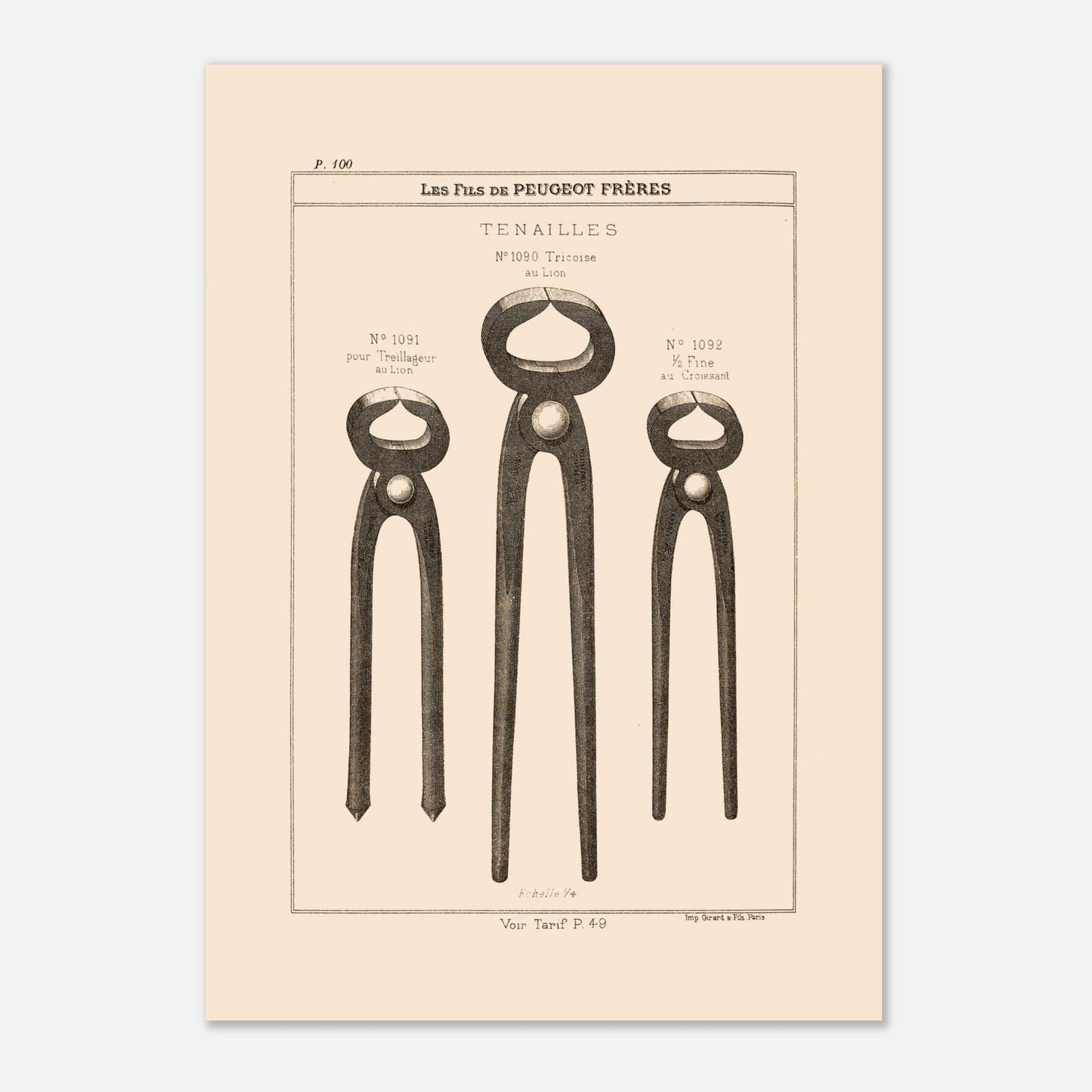 Tenailles - gravure d'outils robustes extraite du catalogue Peugeot Frères (29,7x42 cm (A3)). Gravure représentant trois modèles de tenailles de tailles et de conceptions différentes : une tricoise, une pour treillage, et une fine.