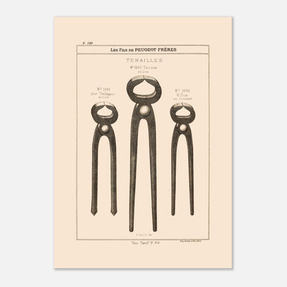 Tenailles - gravure d'outils robustes extraite du catalogue Peugeot Frères (29,7x42 cm (A3)). Gravure représentant trois modèles de tenailles de tailles et de conceptions différentes : une tricoise, une pour treillage, et une fine.