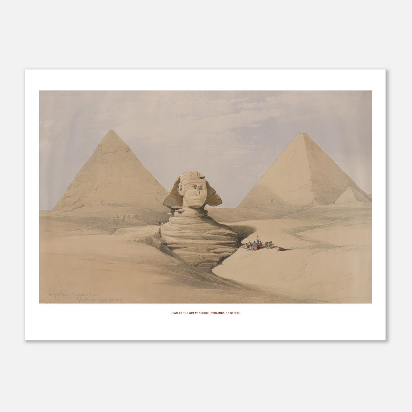 Planche ancienne : Tête du Grand Sphinx et Pyramides de Gizeh - David Roberts (30x40 cm). Lithographie de David Roberts illustrant la tête du Grand Sphinx et les pyramides de Gizeh dans un paysage désertique, avec des voyageurs au pied des monuments.