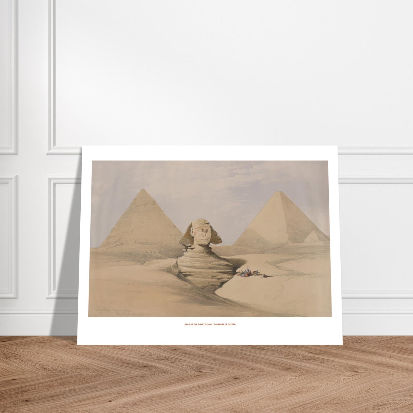 Planche ancienne : Tête du Grand Sphinx et Pyramides de Gizeh - David Roberts. Lithographie de David Roberts illustrant la tête du Grand Sphinx et les pyramides de Gizeh dans un paysage désertique, avec des voyageurs au pied des monuments. Image d'illustration 6