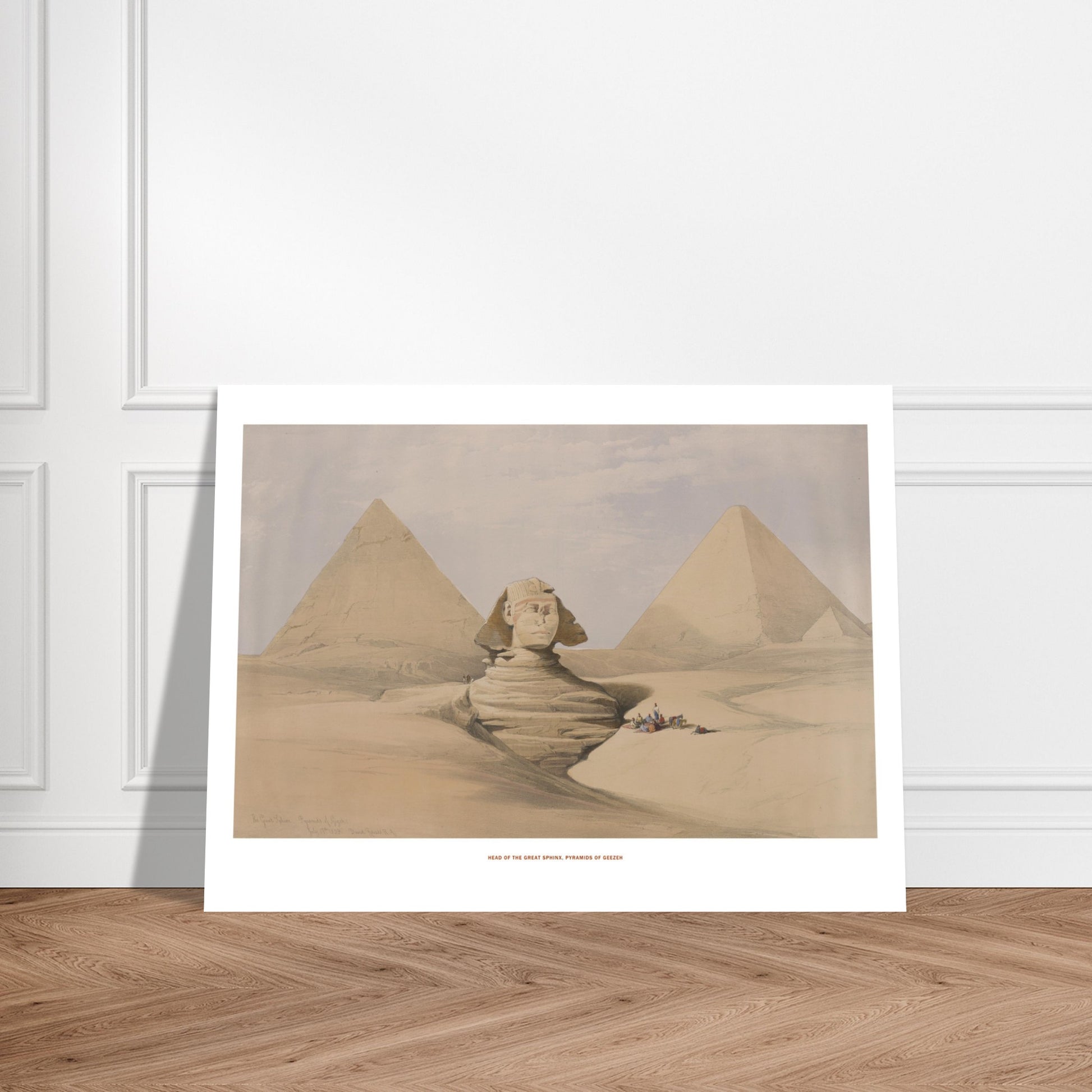 Planche ancienne : Tête du Grand Sphinx et Pyramides de Gizeh - David Roberts. Lithographie de David Roberts illustrant la tête du Grand Sphinx et les pyramides de Gizeh dans un paysage désertique, avec des voyageurs au pied des monuments. Image d'illustration 6