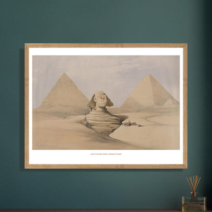 Planche ancienne : Tête du Grand Sphinx et Pyramides de Gizeh - David Roberts. Lithographie de David Roberts illustrant la tête du Grand Sphinx et les pyramides de Gizeh dans un paysage désertique, avec des voyageurs au pied des monuments. Image d'illustration 7