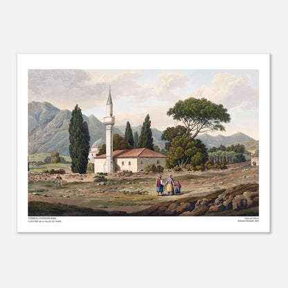 La Tomba di Hassan Baba vicino a Tempe, incisione di Edward Dodwell (29,7x42 cm (A3)). Un paesaggio rurale con una moschea bianca dotata di minareto, circondata da alberi e montagne.