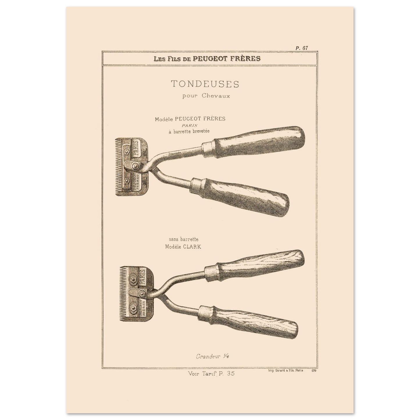Gravure de tondeuses pour chevaux, modèles Peugeot Frères et Clark, 1885 (21x29,7 cm (A4)). Gravure représentant des tondeuses à main pour chevaux, de deux modèles différents : une avec barrette brevetée et une autre sans.