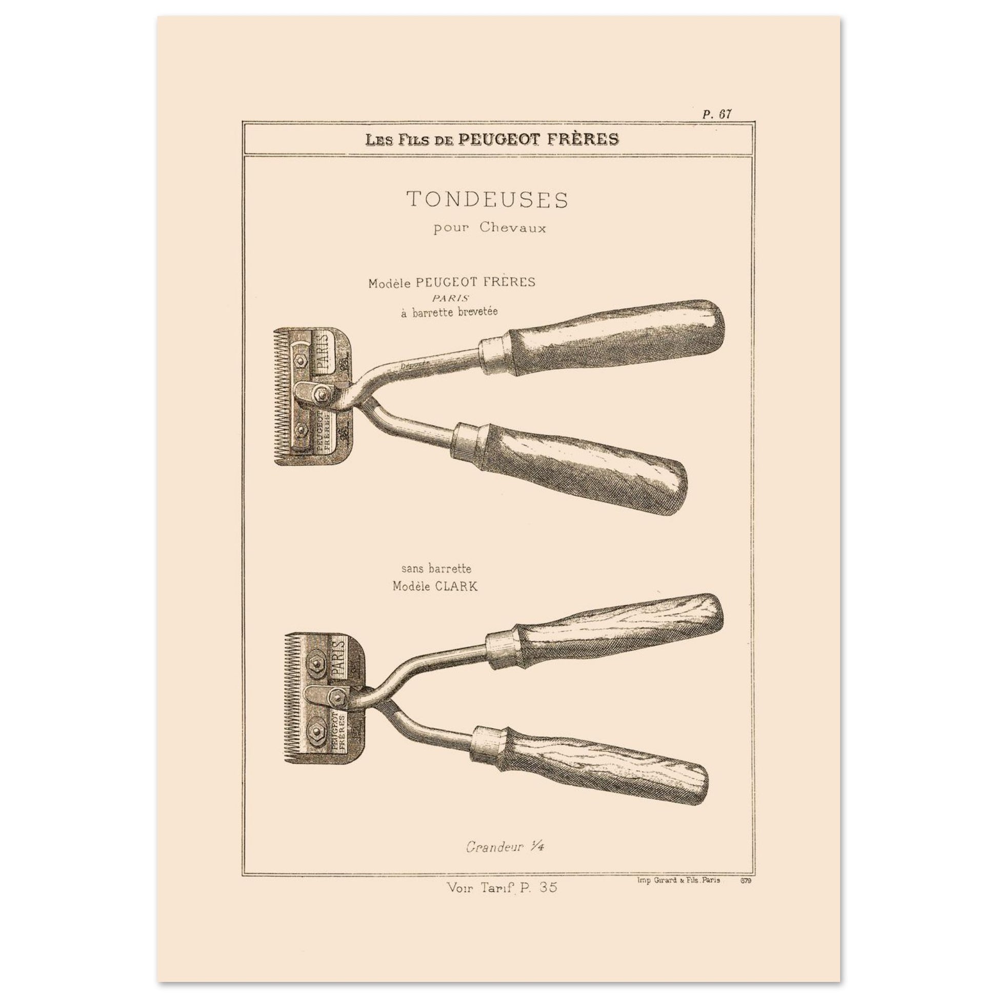 Gravure de tondeuses pour chevaux, modèles Peugeot Frères et Clark, 1885 (21x29,7 cm (A4)). Gravure représentant des tondeuses à main pour chevaux, de deux modèles différents : une avec barrette brevetée et une autre sans.