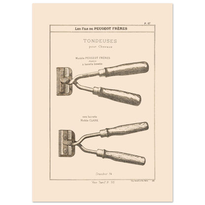 Gravure de tondeuses pour chevaux, modèles Peugeot Frères et Clark, 1885 (21x29,7 cm (A4)). Gravure représentant des tondeuses à main pour chevaux, de deux modèles différents : une avec barrette brevetée et une autre sans.
