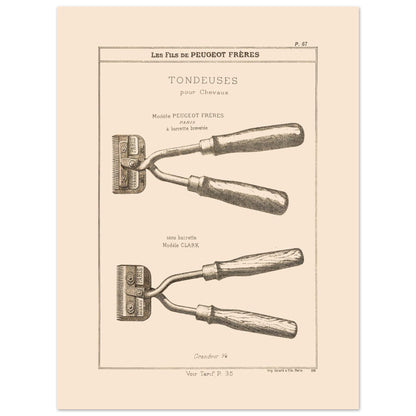 Gravure de tondeuses pour chevaux, modèles Peugeot Frères et Clark, 1885 (30x40 cm). Gravure représentant des tondeuses à main pour chevaux, de deux modèles différents : une avec barrette brevetée et une autre sans.