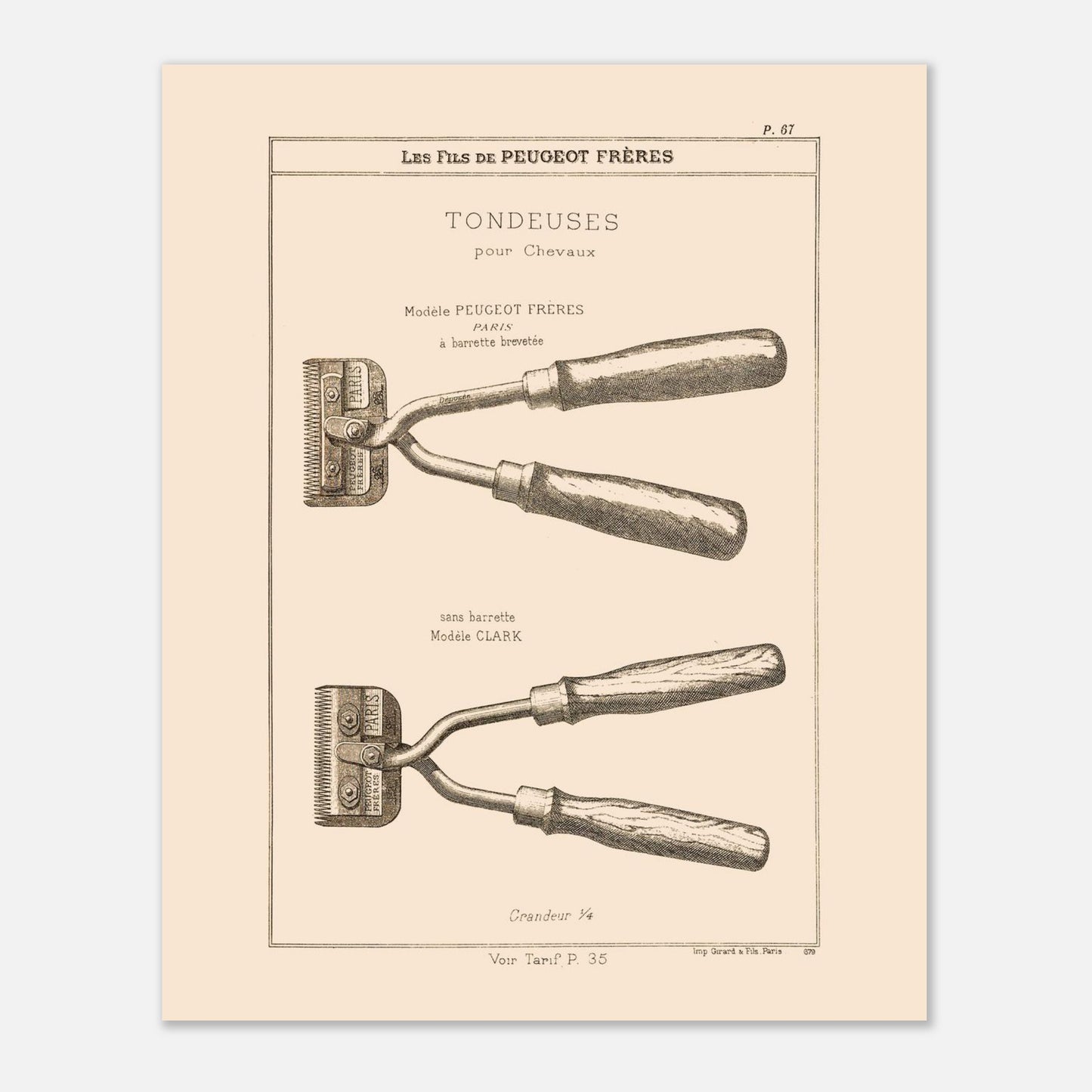 Gravure de tondeuses pour chevaux, modèles Peugeot Frères et Clark, 1885. Gravure représentant des tondeuses à main pour chevaux, de deux modèles différents : une avec barrette brevetée et une autre sans. Image d'illustration 4