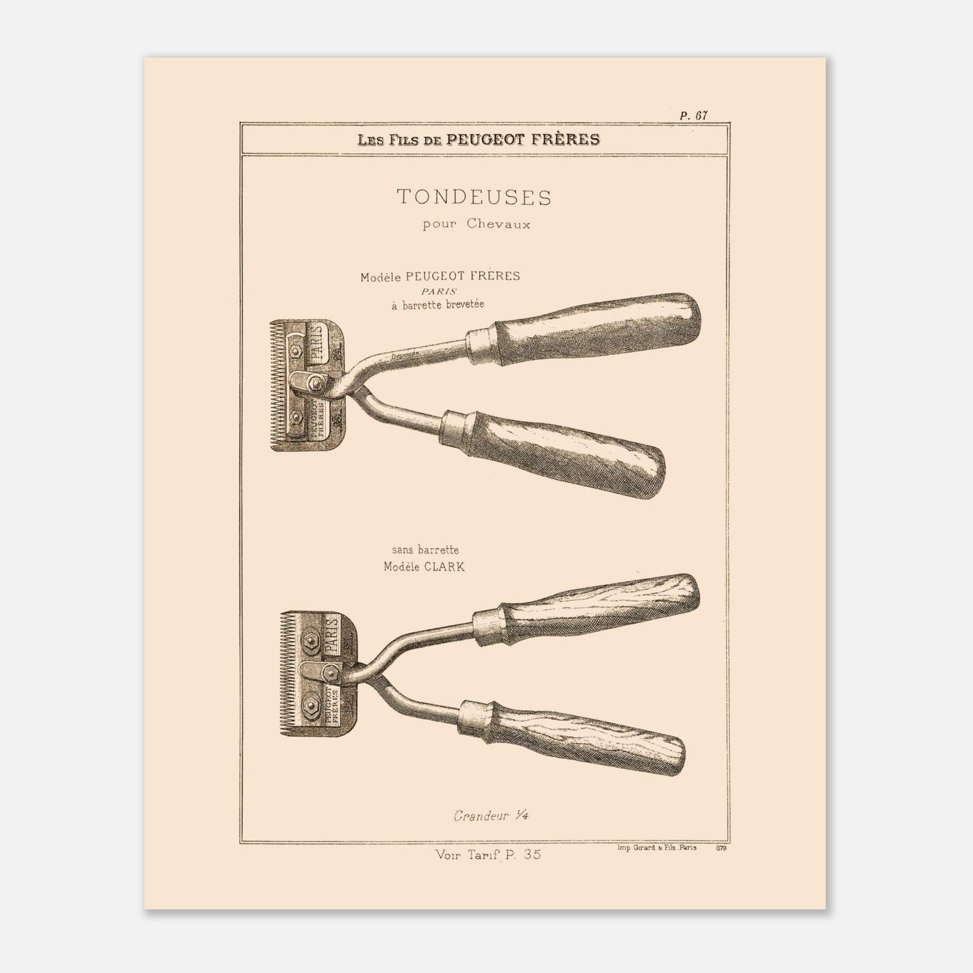 Gravure de tondeuses pour chevaux, modèles Peugeot Frères et Clark, 1885. Gravure représentant des tondeuses à main pour chevaux, de deux modèles différents : une avec barrette brevetée et une autre sans. Image d'illustration 4