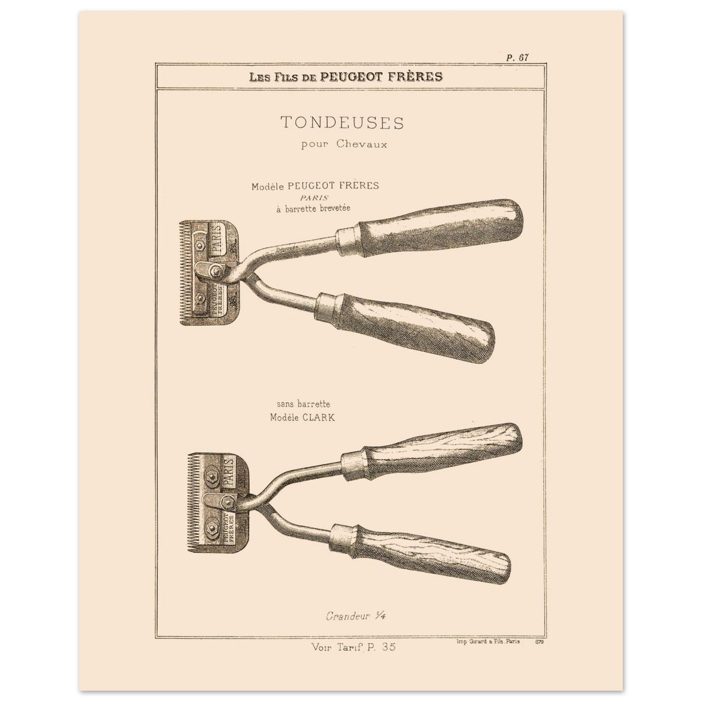 Gravure de tondeuses pour chevaux, modèles Peugeot Frères et Clark, 1885 (40x50 cm). Gravure représentant des tondeuses à main pour chevaux, de deux modèles différents : une avec barrette brevetée et une autre sans.