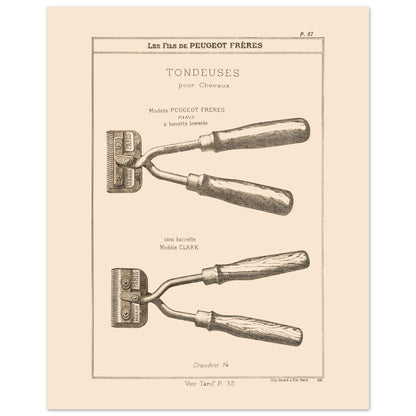 Gravure de tondeuses pour chevaux, modèles Peugeot Frères et Clark, 1885 (40x50 cm). Gravure représentant des tondeuses à main pour chevaux, de deux modèles différents : une avec barrette brevetée et une autre sans.