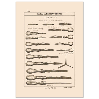 Planche de tournevis et outils de serrage - Catalogue Peugeot Frères 1885 (21x29,7 cm (A4)). Planche d'illustrations du catalogue Peugeot Frères présentant divers modèles de tournevis, numérotés et légendés, ainsi qu'une échelle.