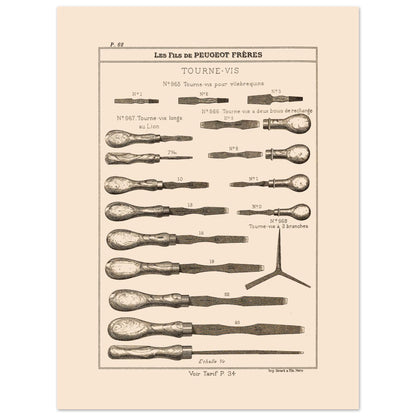 Planche de tournevis et outils de serrage - Catalogue Peugeot Frères 1885 (30x40 cm). Planche d'illustrations du catalogue Peugeot Frères présentant divers modèles de tournevis, numérotés et légendés, ainsi qu'une échelle.