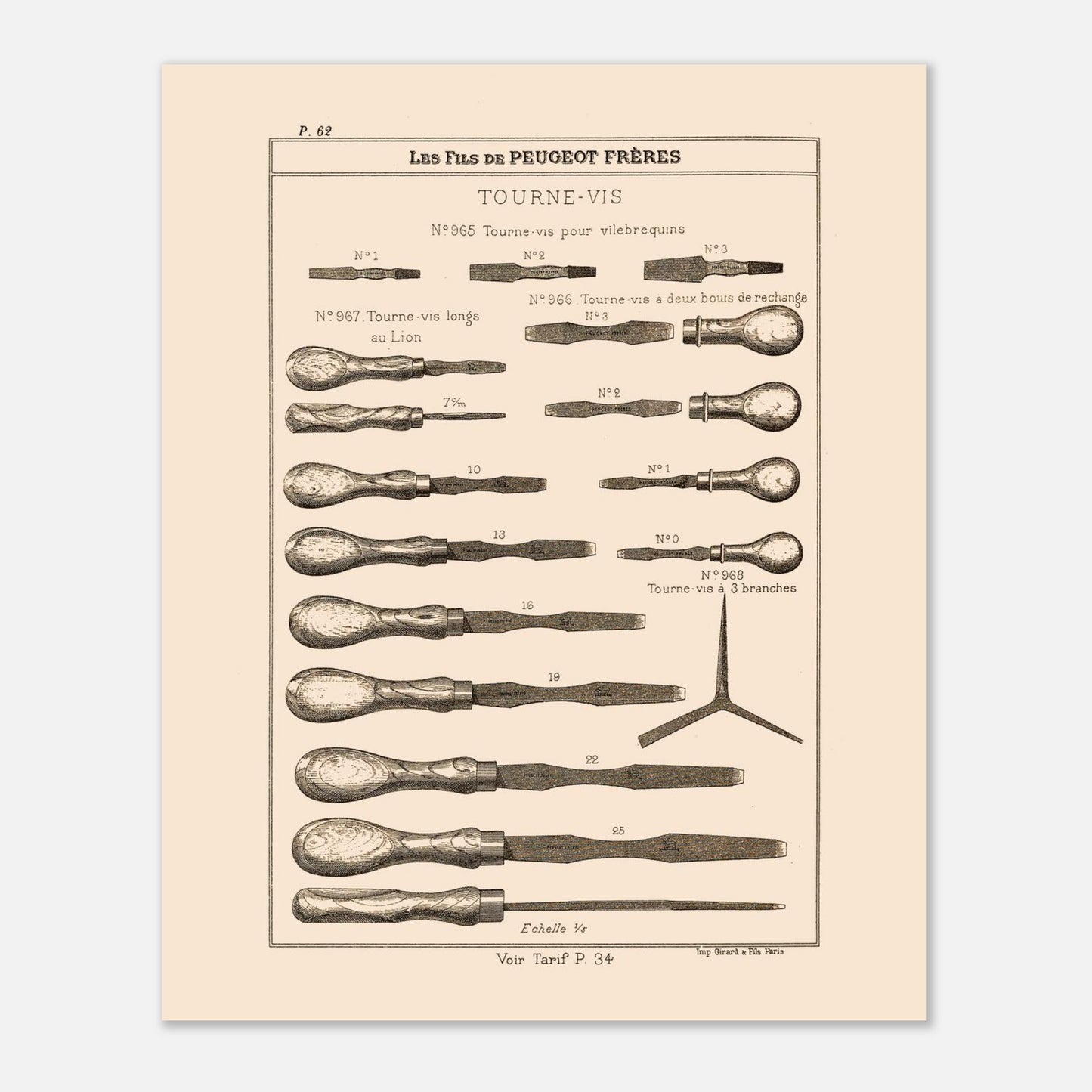 Planche de tournevis et outils de serrage - Catalogue Peugeot Frères 1885. Planche d'illustrations du catalogue Peugeot Frères présentant divers modèles de tournevis, numérotés et légendés, ainsi qu'une échelle. Image d'illustration 4