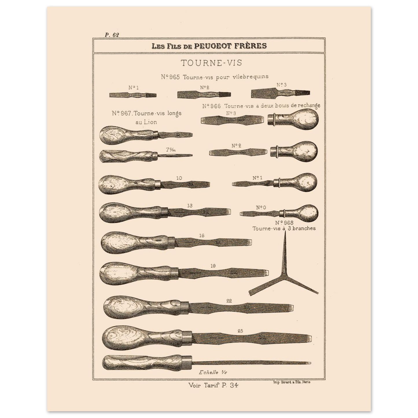 Planche de tournevis et outils de serrage - Catalogue Peugeot Frères 1885 (40x50 cm). Planche d'illustrations du catalogue Peugeot Frères présentant divers modèles de tournevis, numérotés et légendés, ainsi qu'une échelle.