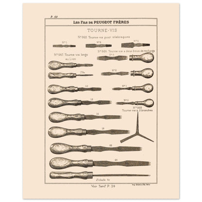 Planche de tournevis et outils de serrage - Catalogue Peugeot Frères 1885 (40x50 cm). Planche d'illustrations du catalogue Peugeot Frères présentant divers modèles de tournevis, numérotés et légendés, ainsi qu'une échelle.