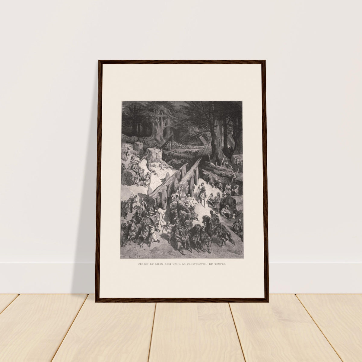 Antike Tafel: Transport von Zedern für den Tempel von Gustave Doré. Druck von Gustave Doré, der den Transport von Zedern aus dem Libanon für den Tempelbau darstellt, mit zahlreichen Männern und Pferden.