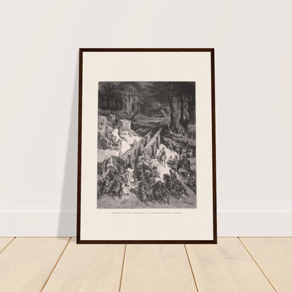 Antike Tafel: Transport von Zedern für den Tempel von Gustave Doré. Druck von Gustave Doré, der den Transport von Zedern aus dem Libanon für den Tempelbau darstellt, mit zahlreichen Männern und Pferden.