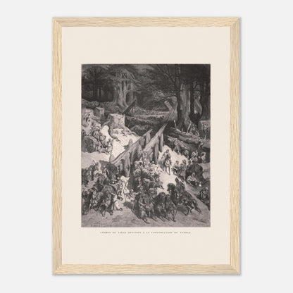 Planche ancienne : Transport des cèdres pour le Temple par Gustave Doré (21x29,7 cm (A4) / Cadre bois clair). Estampe de Gustave Doré représentant le transport de cèdres du Liban destinés à la construction du temple, avec de nombreux hommes et chevaux.