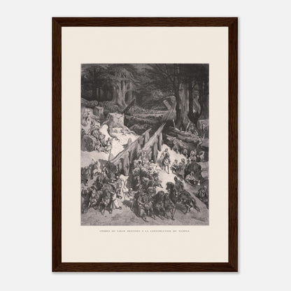 Planche ancienne : Transport des cèdres pour le Temple par Gustave Doré (21x29,7 cm (A4) / Cadre bois foncé). Estampe de Gustave Doré représentant le transport de cèdres du Liban destinés à la construction du temple, avec de nombreux hommes et chevaux.
