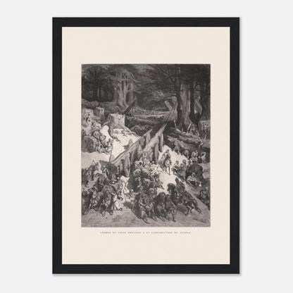Planche ancienne : Transport des cèdres pour le Temple par Gustave Doré (21x29,7 cm (A4) / Cadre noir). Estampe de Gustave Doré représentant le transport de cèdres du Liban destinés à la construction du temple, avec de nombreux hommes et chevaux.