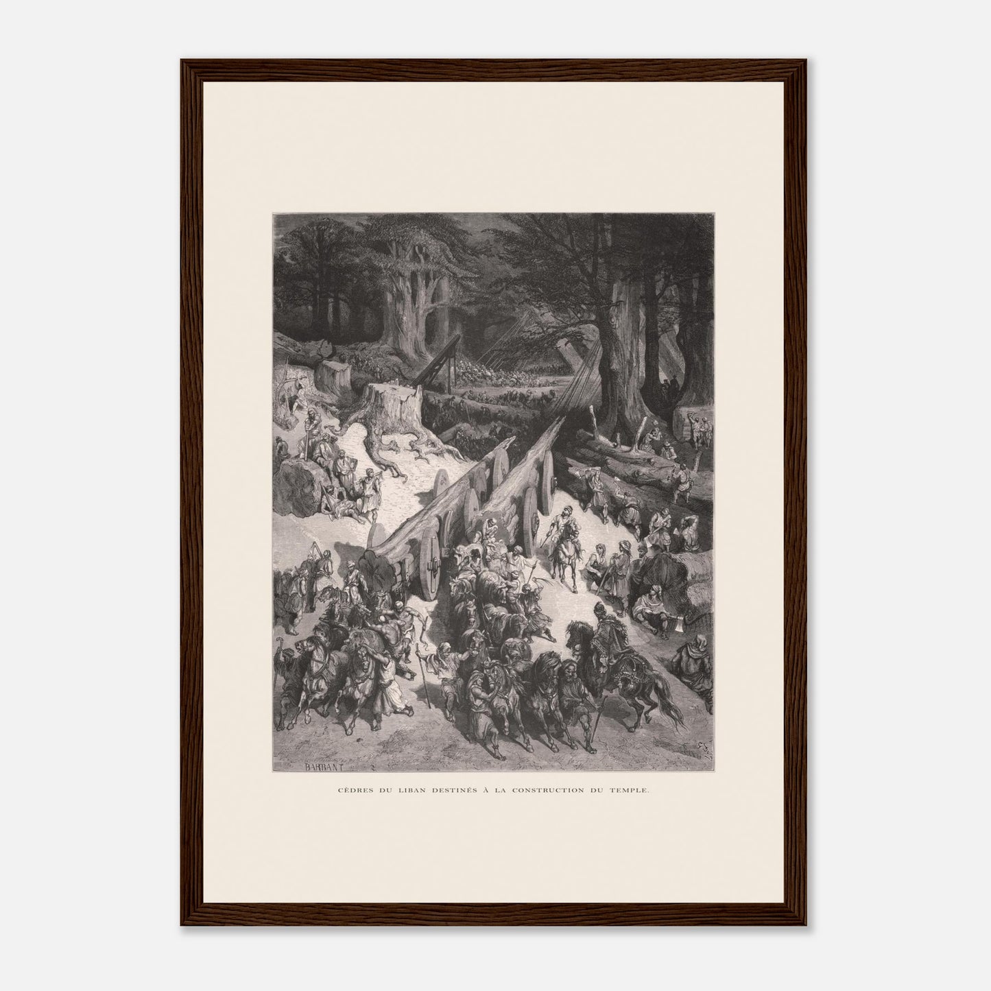 Planche ancienne : Transport des cèdres pour le Temple par Gustave Doré (29,7x42 cm (A3) / Cadre bois foncé). Estampe de Gustave Doré représentant le transport de cèdres du Liban destinés à la construction du temple, avec de nombreux hommes et chevaux.