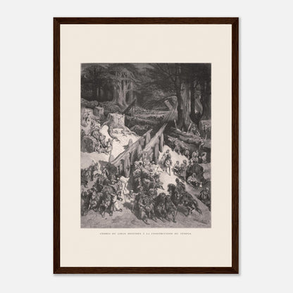 Planche ancienne : Transport des cèdres pour le Temple par Gustave Doré (29,7x42 cm (A3) / Cadre bois foncé). Estampe de Gustave Doré représentant le transport de cèdres du Liban destinés à la construction du temple, avec de nombreux hommes et chevaux.