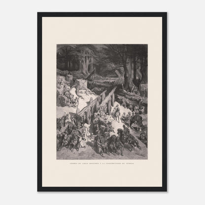 Planche ancienne : Transport des cèdres pour le Temple par Gustave Doré (29,7x42 cm (A3) / Cadre noir). Estampe de Gustave Doré représentant le transport de cèdres du Liban destinés à la construction du temple, avec de nombreux hommes et chevaux.