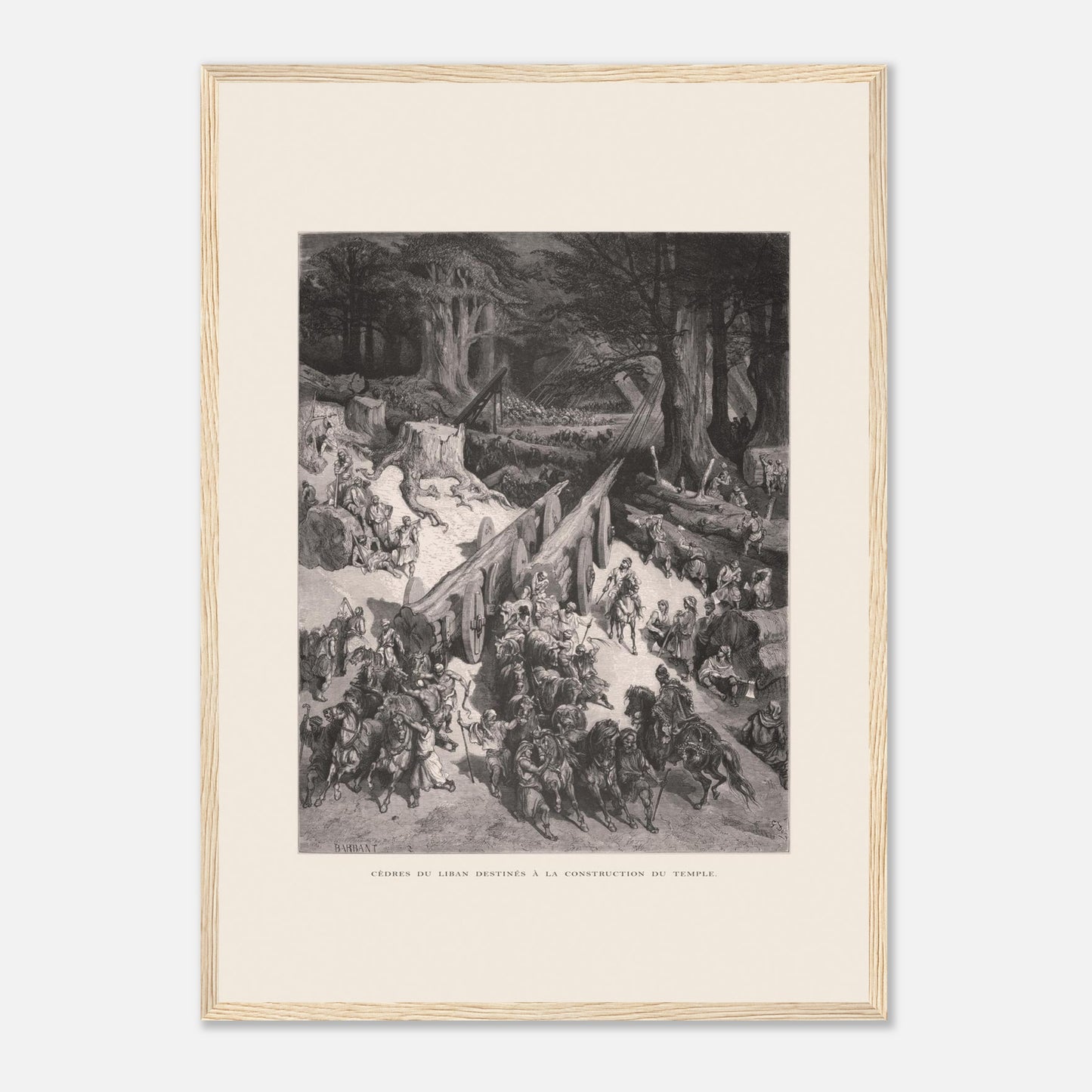 Planche ancienne : Transport des cèdres pour le Temple par Gustave Doré (42x59,4 cm (A2) / Cadre bois clair). Estampe de Gustave Doré représentant le transport de cèdres du Liban destinés à la construction du temple, avec de nombreux hommes et chevaux.