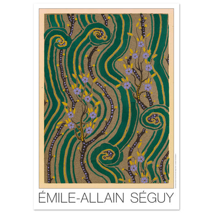 Planche Vagues émeraude et dorées - Samarkande, Émile-Allain Séguy (29,7x42 cm (A3)). Illustration Art Déco de motifs végétaux stylisés aux formes ondulantes vertes et dorées, agrémentée de petites fleurs violettes et de branches sombres par Émile-Allain Séguy.