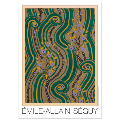 Planche Vagues émeraude et dorées - Samarkande, Émile-Allain Séguy (50x70 cm). Illustration Art Déco de motifs végétaux stylisés aux formes ondulantes vertes et dorées, agrémentée de petites fleurs violettes et de branches sombres par Émile-Allain Séguy.