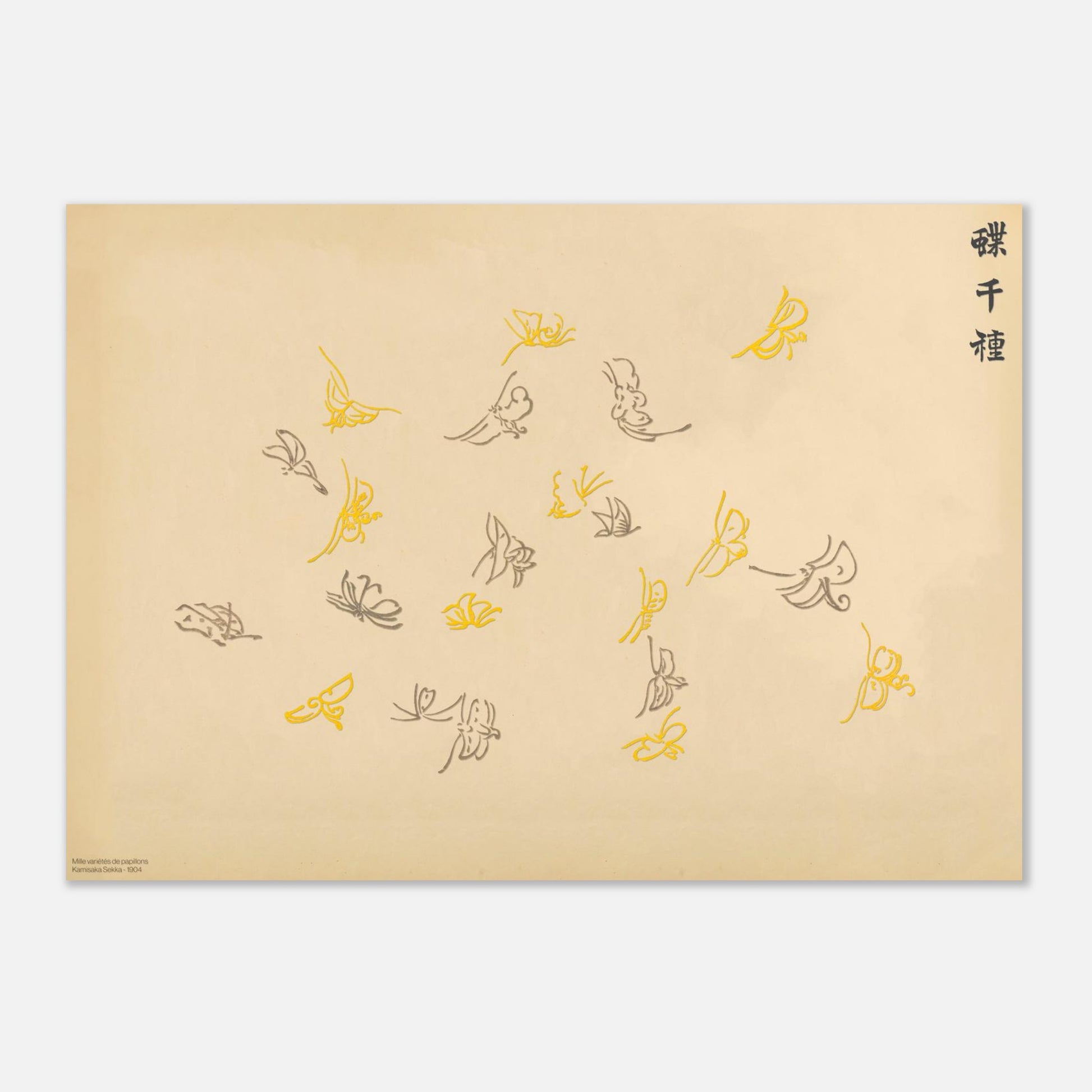Volée de papillons gris et jaunes - Kamisaka Sekka (29,7x42 cm (A3)). Illustration sur fond beige d'une volée de papillons aux traits fins, certains en gris, d'autres en jaune, disposés de manière aérienne, avec une calligraphie noire.