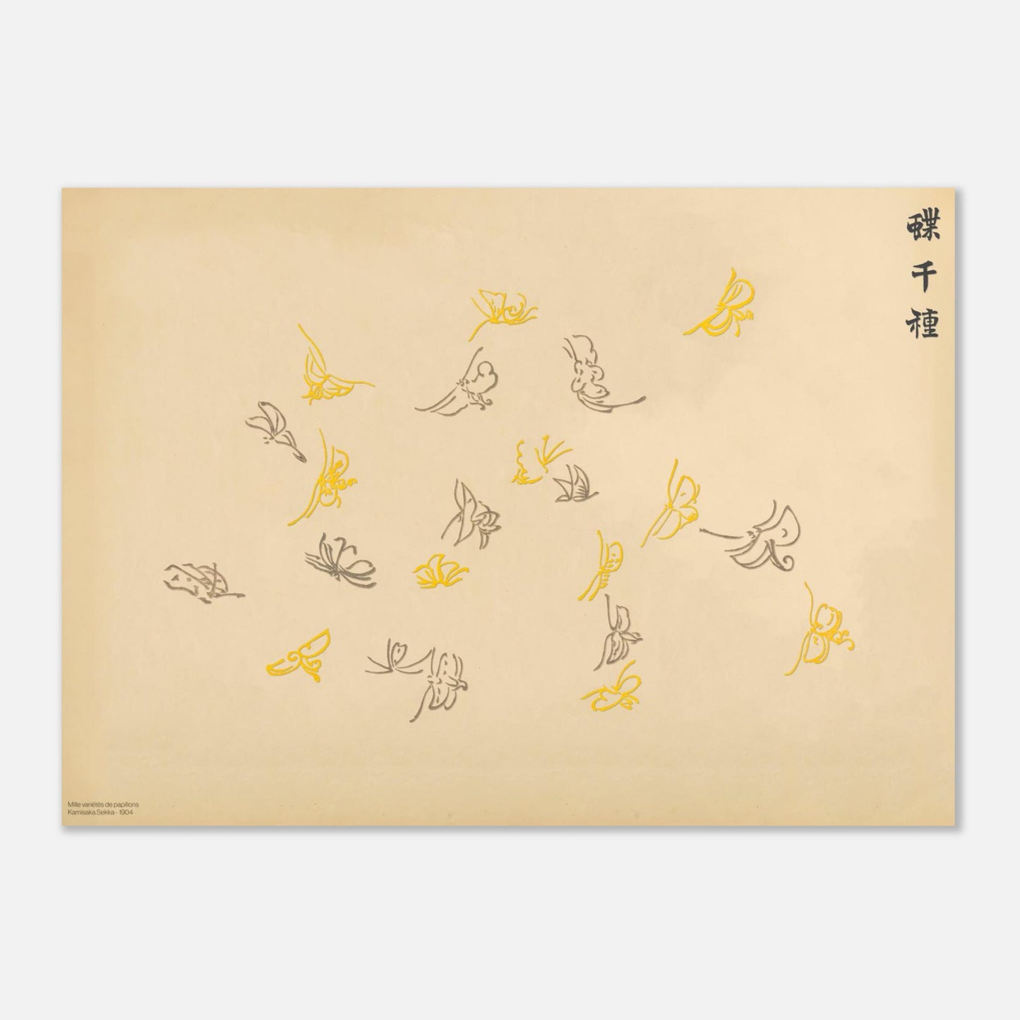 Volée de papillons gris et jaunes - Kamisaka Sekka (50x70 cm). Illustration sur fond beige d'une volée de papillons aux traits fins, certains en gris, d'autres en jaune, disposés de manière aérienne, avec une calligraphie noire.